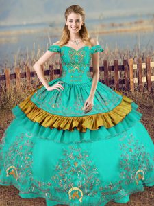 Customized Off The Shoulder Sleeveless Lace Up Sweet 16 Quinceanera Dress Turquoise Satin