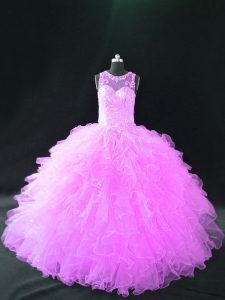 Lovely Lilac Sleeveless Floor Length Beading and Ruffles Lace Up Sweet 16 Dress
