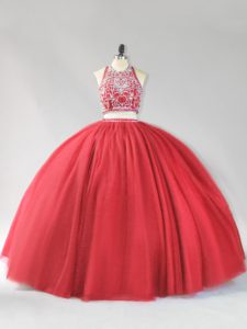 Spectacular Tulle Halter Top Sleeveless Backless Beading Sweet 16 Quinceanera Dress in Red