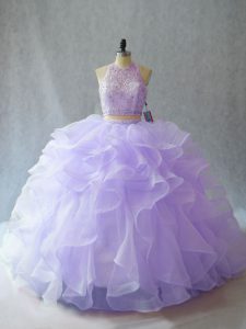 Halter Top Sleeveless Organza Quince Ball Gowns Beading and Ruffles Brush Train Backless
