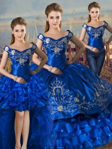 Lovely Royal Blue Satin and Organza Lace Up Sweet 16 Quinceanera Dress Sleeveless Floor Length Embroidery and Ruffled Layers