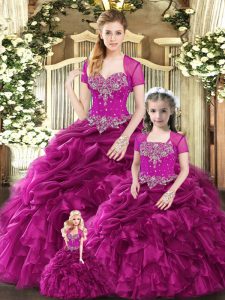 Sweetheart Sleeveless Sweet 16 Dresses Floor Length Beading and Ruffles and Pick Ups Fuchsia Organza