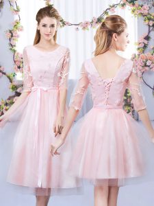 Baby Pink Tulle Lace Up Scoop Half Sleeves Tea Length Court Dresses for Sweet 16 Lace and Belt