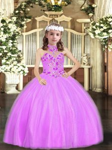 Sleeveless Tulle Floor Length Lace Up Little Girls Pageant Gowns in Lilac with Appliques