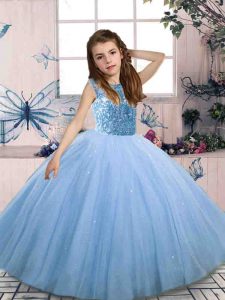 Sweet Blue Lace Up Scoop Beading Little Girl Pageant Gowns Tulle Sleeveless