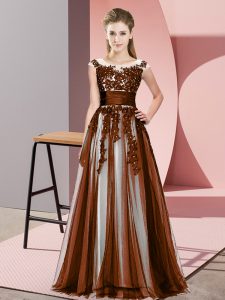 Glorious Brown Sleeveless Floor Length Beading and Lace Zipper Court Dresses for Sweet 16