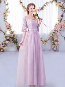 Sexy Floor Length Side Zipper Dama Dress for Quinceanera Lavender for Wedding Party with Lace and Belt