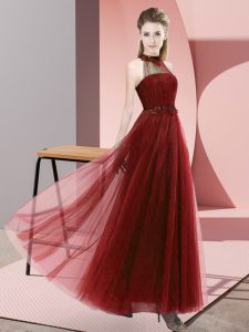 Wine Red Sleeveless Tulle Lace Up Dama Dress for Wedding Party