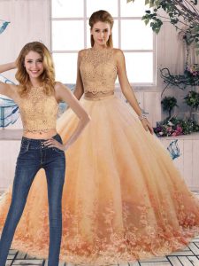 Top Selling Peach Backless Scalloped Lace Sweet 16 Dress Tulle Sleeveless Sweep Train