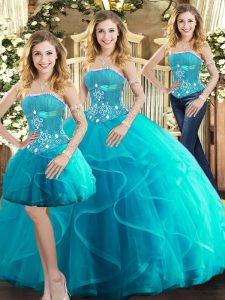 Strapless Sleeveless Sweet 16 Quinceanera Dress Floor Length Beading and Ruffles Aqua Blue Tulle