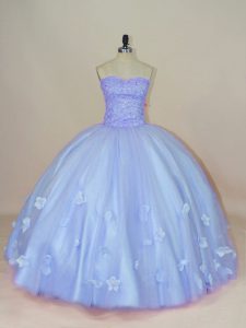 Sumptuous Floor Length Lavender Vestidos de Quinceanera Tulle Sleeveless Beading and Hand Made Flower