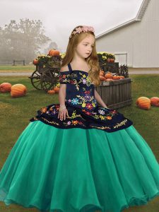 Turquoise Ball Gowns Organza Straps Sleeveless Embroidery Floor Length Lace Up Pageant Dress for Teens