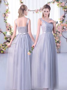 V-neck Sleeveless Dama Dress Floor Length Lace and Belt Grey Tulle