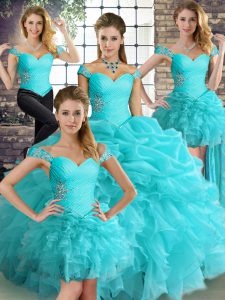 High Class Sleeveless Floor Length Beading and Ruffles and Pick Ups Lace Up Quinceanera Gowns with Aqua Blue