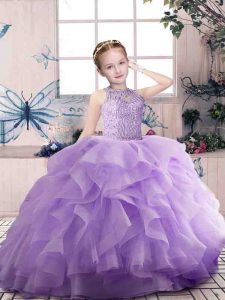 High End Beading and Ruffles Little Girl Pageant Gowns Lavender Zipper Sleeveless Floor Length