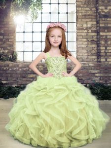 Yellow Green Sleeveless Floor Length Beading and Ruffles Lace Up Little Girls Pageant Dress Wholesale