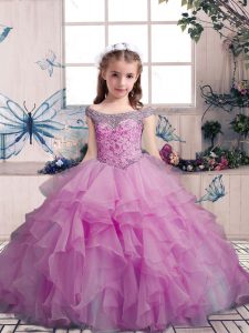 Lilac Organza Lace Up Child Pageant Dress Sleeveless Floor Length Beading and Ruffles