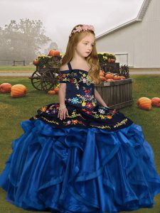 Embroidery and Ruffles Pageant Gowns For Girls Blue Lace Up Sleeveless Floor Length