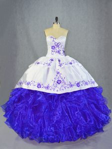 Beautiful Blue And White Ball Gowns Organza Halter Top Sleeveless Beading and Embroidery and Ruffles Lace Up 15th Birthday Dress Brush Train