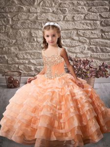 Custom Design Orange Ball Gowns Organza Straps Sleeveless Beading and Ruffled Layers Lace Up Little Girls Pageant Gowns Brush Train