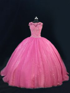 Hot Pink Lace Up Quinceanera Gown Beading and Lace and Sequins Sleeveless Floor Length