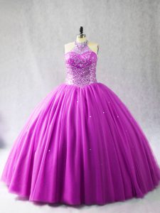 Brush Train Ball Gowns Sweet 16 Quinceanera Dress Lilac Halter Top Tulle Sleeveless Lace Up