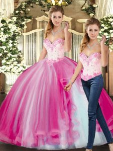 Sexy Fuchsia Ball Gowns Beading Sweet 16 Dresses Lace Up Tulle Sleeveless Floor Length