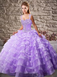 Lovely Organza Straps Sleeveless Court Train Lace Up Beading and Ruffled Layers Sweet 16 Dresses in Lavender
