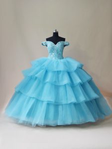 Popular Floor Length Aqua Blue 15 Quinceanera Dress Organza and Tulle Sleeveless Beading and Ruffled Layers