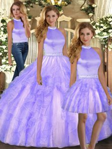 Noble Lavender Tulle Backless Halter Top Sleeveless Floor Length Sweet 16 Dress Beading and Ruffles