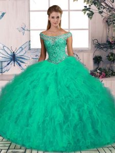 Pretty Turquoise Off The Shoulder Neckline Beading and Ruffles 15th Birthday Dress Sleeveless Lace Up