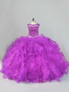 Smart Beading and Ruffles Ball Gown Prom Dress Purple Lace Up Sleeveless Floor Length