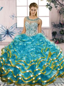 Floor Length Blue Quinceanera Dresses Organza Sleeveless Beading and Ruffles