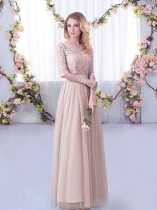 Pink Empire Tulle V-neck Half Sleeves Lace and Belt Floor Length Side Zipper Dama Dress for Quinceanera
