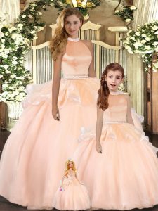 Peach Backless Halter Top Beading 15th Birthday Dress Organza Sleeveless