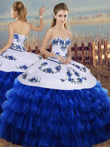 Sumptuous Organza Sweetheart Sleeveless Lace Up Embroidery and Ruffled Layers Quince Ball Gowns in Royal Blue