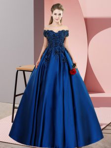 Customized Blue Satin Zipper Quince Ball Gowns Sleeveless Floor Length Lace