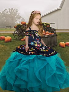 Simple Tulle Straps Sleeveless Lace Up Embroidery and Ruffles Little Girl Pageant Dress in Teal