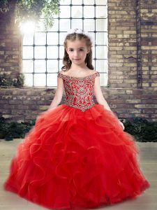 Red Off The Shoulder Lace Up Beading and Ruffles Little Girls Pageant Gowns Sleeveless