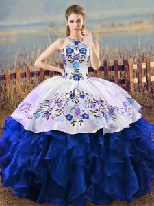 Free and Easy Ball Gowns Quinceanera Dress Blue And White Halter Top Organza Sleeveless Floor Length Lace Up