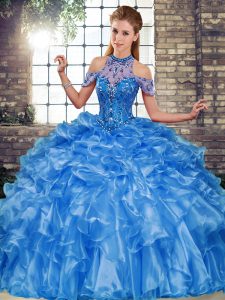 High Quality Blue Lace Up Sweet 16 Quinceanera Dress Beading and Ruffles Sleeveless Floor Length