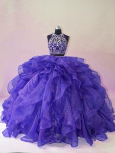 Modern Organza Halter Top Sleeveless Brush Train Backless Beading and Ruffles 15th Birthday Dress in Purple