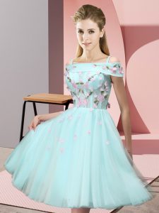 Traditional Aqua Blue Quinceanera Court of Honor Dress Wedding Party with Appliques Off The Shoulder Short Sleeves Lace Up