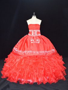 Extravagant Floor Length Red Quinceanera Dress Strapless Sleeveless Lace Up
