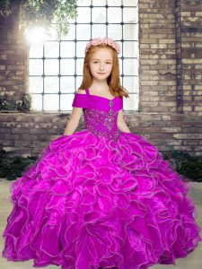 Popular Sleeveless Lace Up Floor Length Beading and Ruffles Kids Pageant Dress