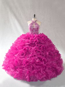 Fashionable Lace Up Ball Gown Prom Dress Fuchsia for Sweet 16 and Quinceanera with Beading and Ruffles Brush Train