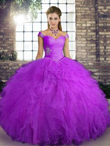 Purple Ball Gowns Off The Shoulder Sleeveless Tulle Floor Length Lace Up Beading and Ruffles Quinceanera Dress