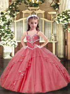 Tulle Straps Sleeveless Lace Up Beading and Ruffles Little Girls Pageant Dress in Pink