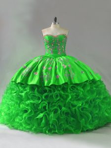 Sweetheart Sleeveless 15 Quinceanera Dress Brush Train Embroidery and Ruffles Fabric With Rolling Flowers