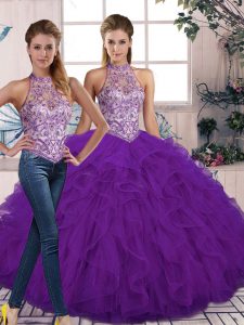 Cheap Purple Two Pieces Beading and Ruffles Quinceanera Gown Lace Up Tulle Sleeveless Floor Length